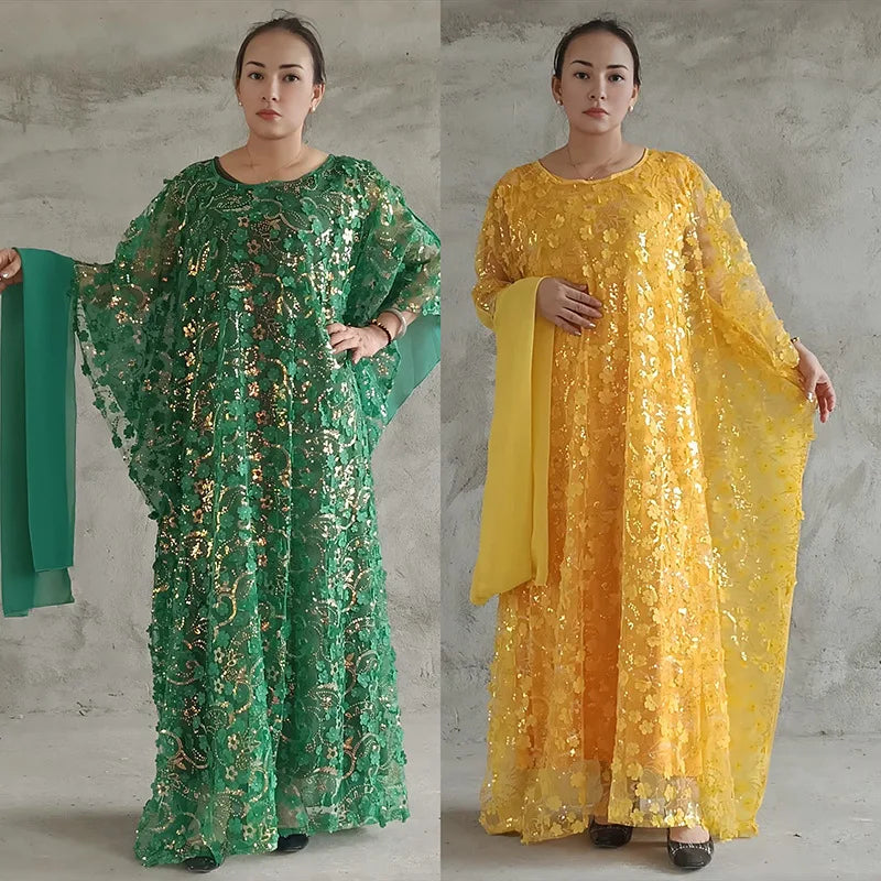 3PCS African Dresses for Women Muslim Sequins Flower Abaya Kaftan Moroccan Caftan Dashiki Robe Ankara Traditional Boubou Dress