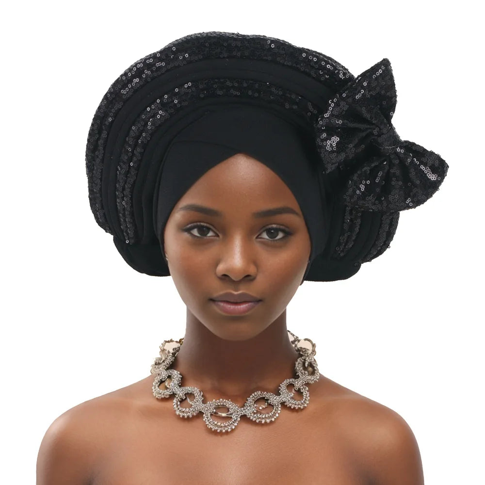 Nigeria Bowknot Turban Cap for Women 2025 New African Auto Gele Headtie Aso Oke Bonnet Hijab Headscarf Sequin Head Wrap Headgear