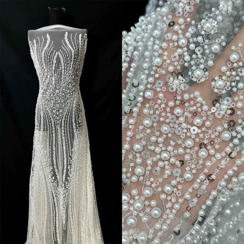 Peach Sequin Lace Fabric African Fabric Lace Wedding Dress Luxury Beaded Lace French Mesh Sequence for Party Dresses Sewing