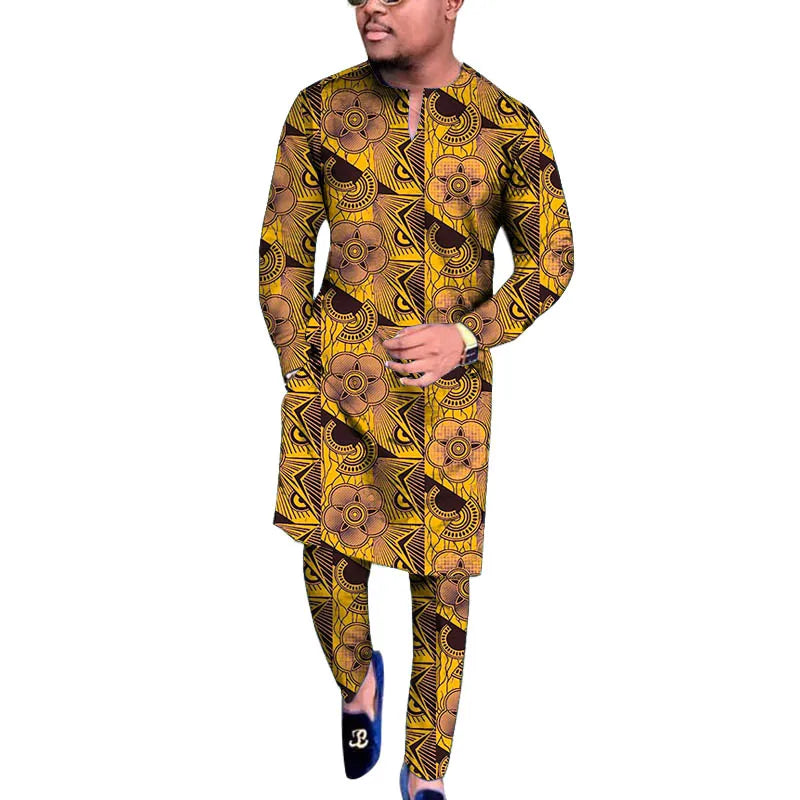 V Neck Design Tops Patch Waist Pants African Print Men's Set Tailored Nigerian Fashion Party Outfits