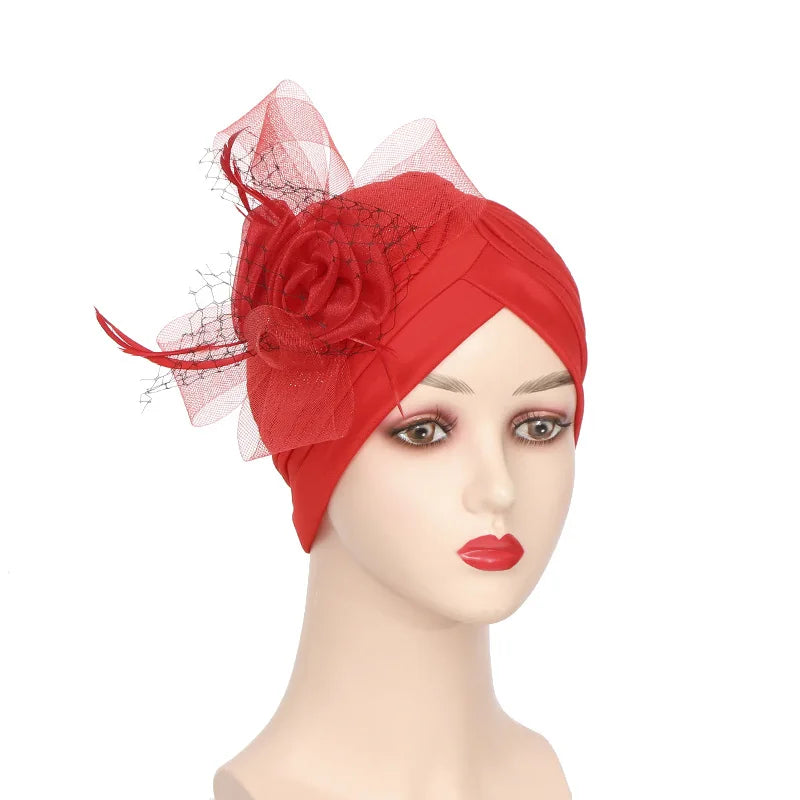 Big Flower Muslim Women Indain Hat Scarf Caps Chemo Turban Islamic Head Cover Party Evening Bonnet Pleated Vintage Elegant Hat