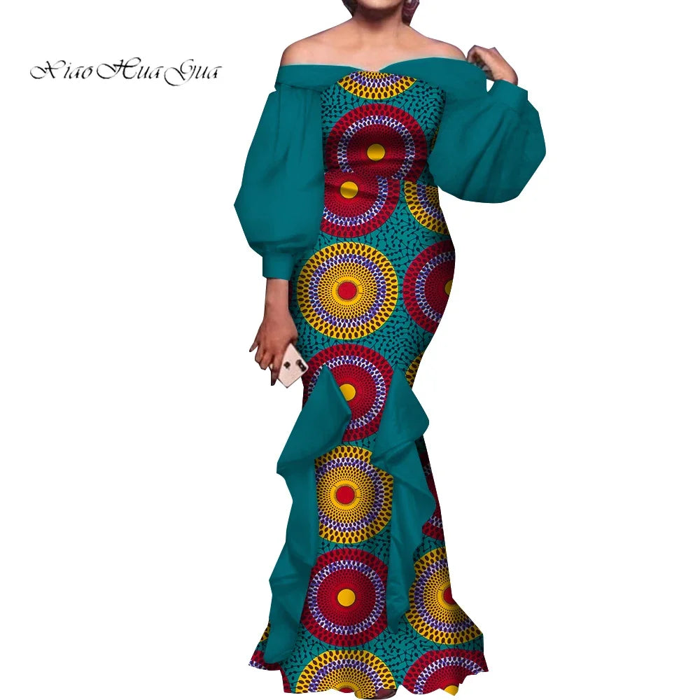 Fashion Women Ankara Dresses Flash Neck Puff Sleeve Long Dress African Dress Robe Africaine Femme Evening Mermaid Dress WY1848