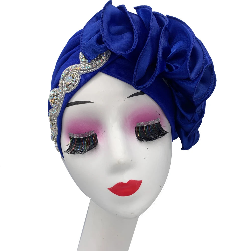 2023 Rhinestones Turban Hat with Side Satin Ruffles Women's Wrap Head Beanies Muslim Headscarf Bonnet African autogele Headtie
