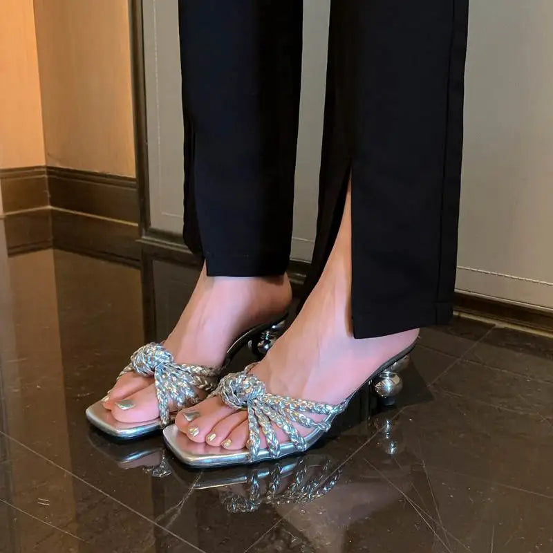 Krazing Pot Weaving Style Mules Flip Flops Gorgeous Peep Toe Summer Strange Style High Heels Party Superstar Sandals Women Ins