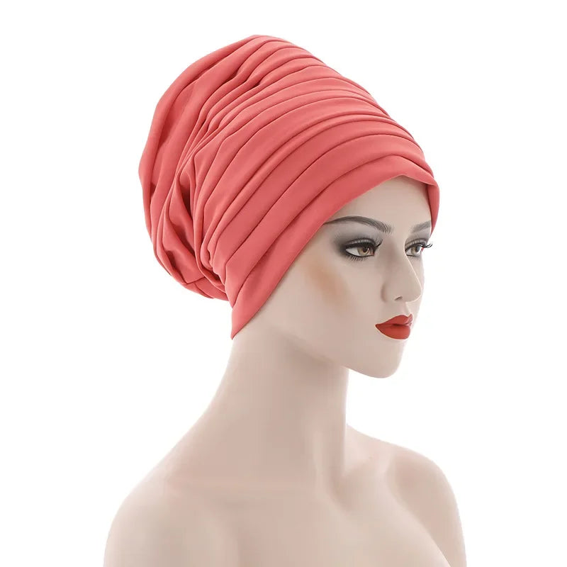 New Candy Color Head Wraps Muslim Hijab Bonnets Fashion Headwear Pleated Turban Cap for Women African Auto Geles Aso Oke Headtie