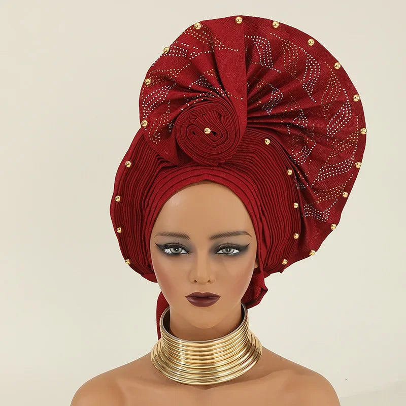 African Auto Gele Headtie Aso Oke Nigeria High Quality Bead Already Made Hijab Bonnet Headband Turban Cap Party Wedding Headgear