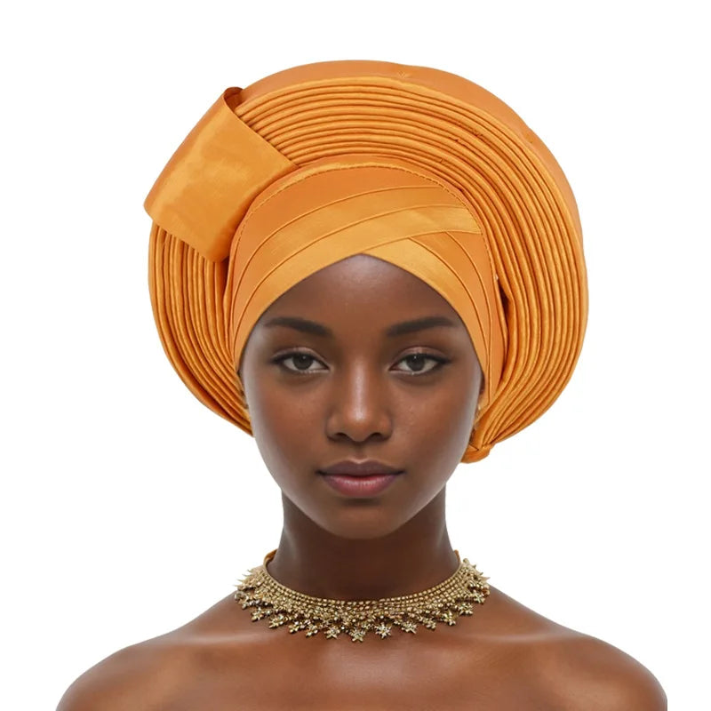 African Nigeria Bonnet Party Turban Pleated Turban Cap for Women Ready to Wear Aso Oke Already Made Auto Gele Headtie Head Wrap