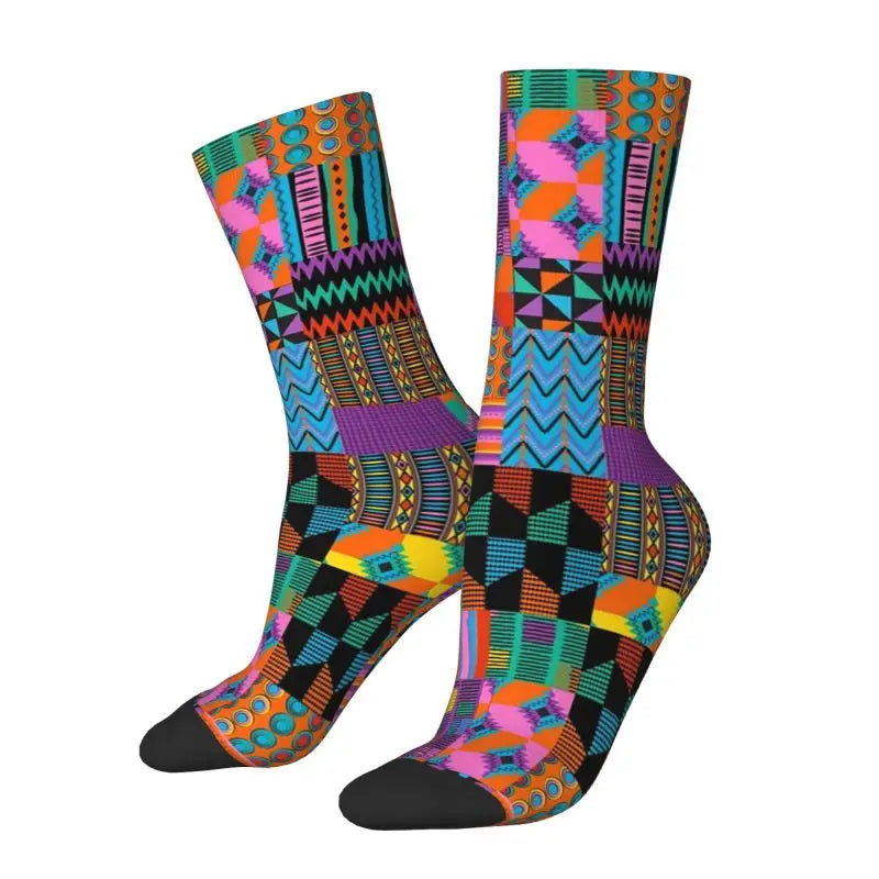 Colorful Ankara Geometric Pattern Socks for Men Women Stretchy Summer Autumn Winter African Ethnic Tribal Art Crew Socks