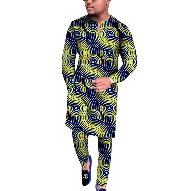 V Neck Design Tops Patch Waist Pants African Print Men's Set Tailored Nigerian Fashion Party Outfits