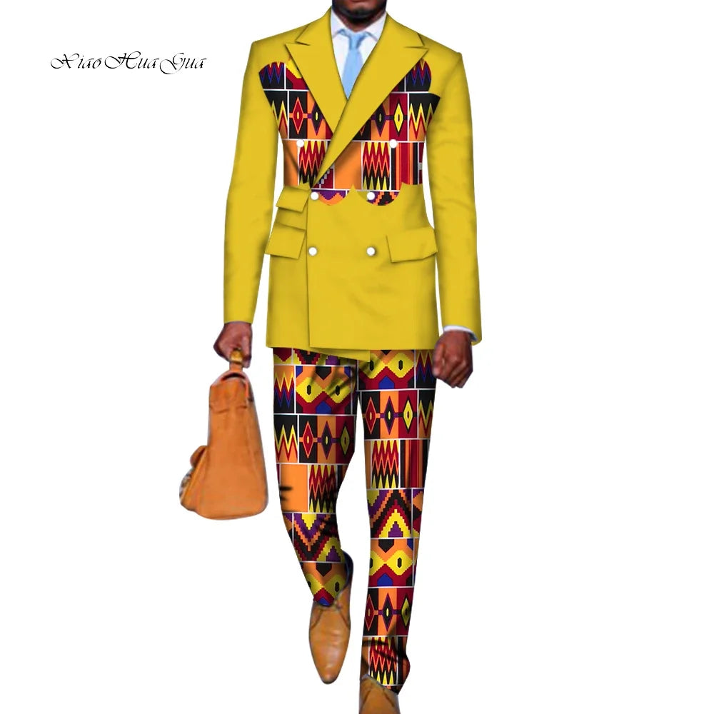 2 Pieces set Blazer and Pants Mens African Clothing Ankara Clothes Bazin Riche African Wax Print Top Suits and Pants Sets WYN740