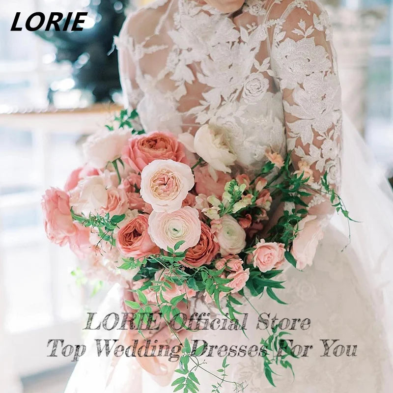 LORIE Vintage Lace High Neck Wedding Dresses Long Sleeves Elegant A-Line Boho Bridal Gowns Ivory Appliques Princess Bride Dress