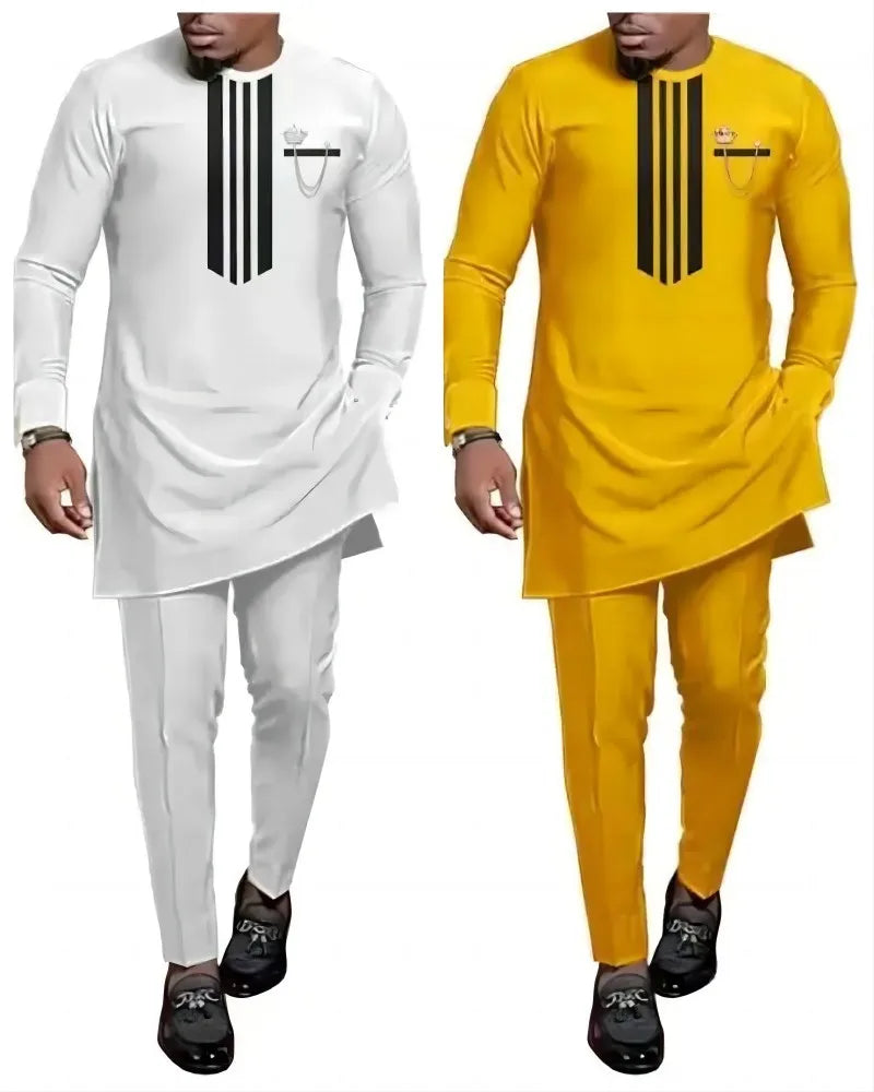 Men African Summer Outfits Stripe Patchwork Shirt Trousers Two Pieces Set Party Festival Wedding Africa Traditional Ethnic Suit