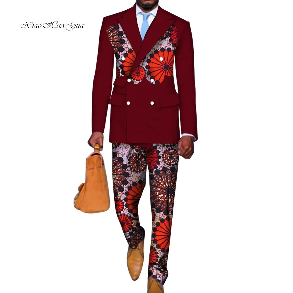 2 Pieces set Blazer and Pants Mens African Clothing Ankara Clothes Bazin Riche African Wax Print Top Suits and Pants Sets WYN740