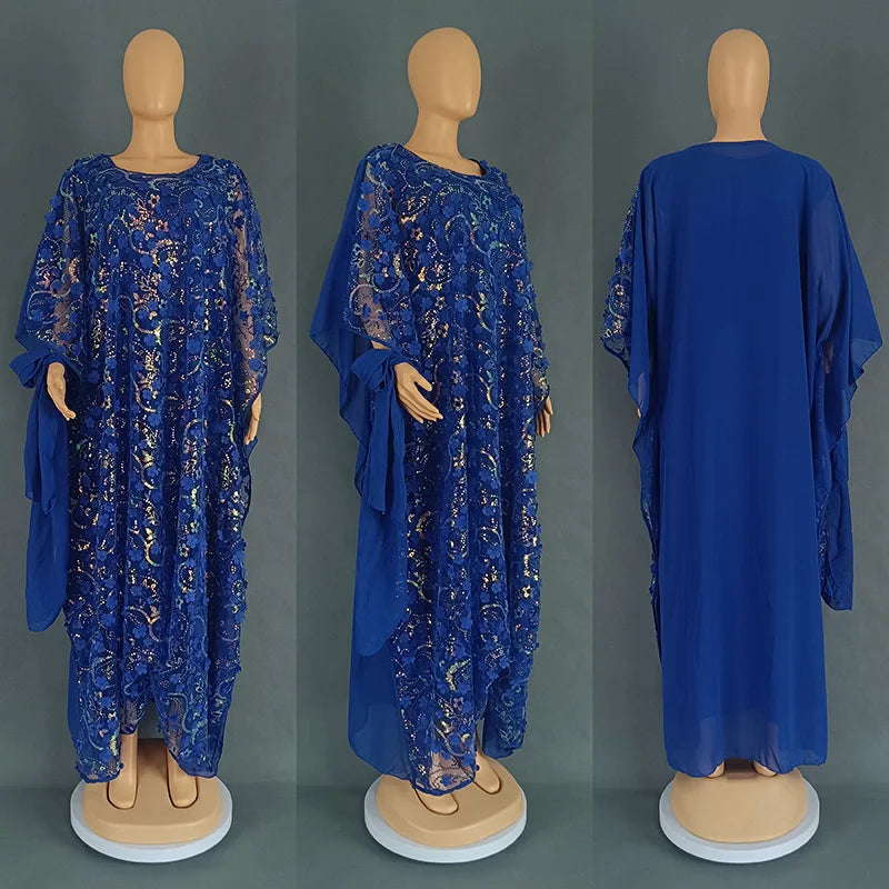 3PCS African Dresses for Women Muslim Sequins Flower Abaya Kaftan Moroccan Caftan Dashiki Robe Ankara Traditional Boubou Dress