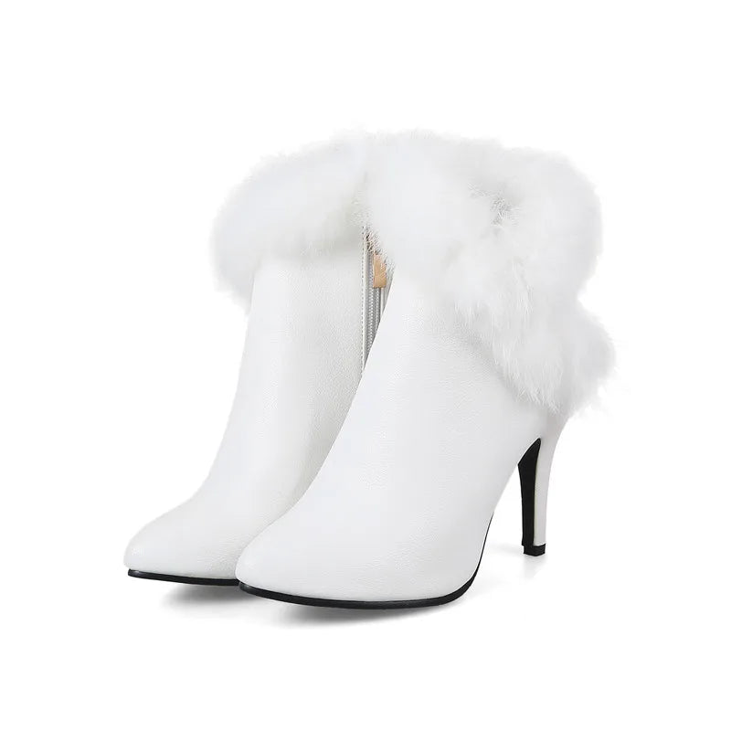 YMYECHIC Thin High Heel Ankle Boots Ladies Faux Fur Fringe Fashion Red White Black Party Wedding Shoes Women Booties Winter 2023