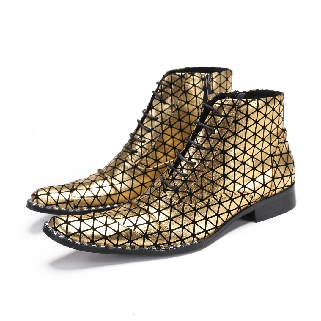 Luxury Gold Lace Up Men Short Boot Fashion Wedding Party Prom Ankle Boots Male Plus Size Nightcliub Business Ball Formal Shoes