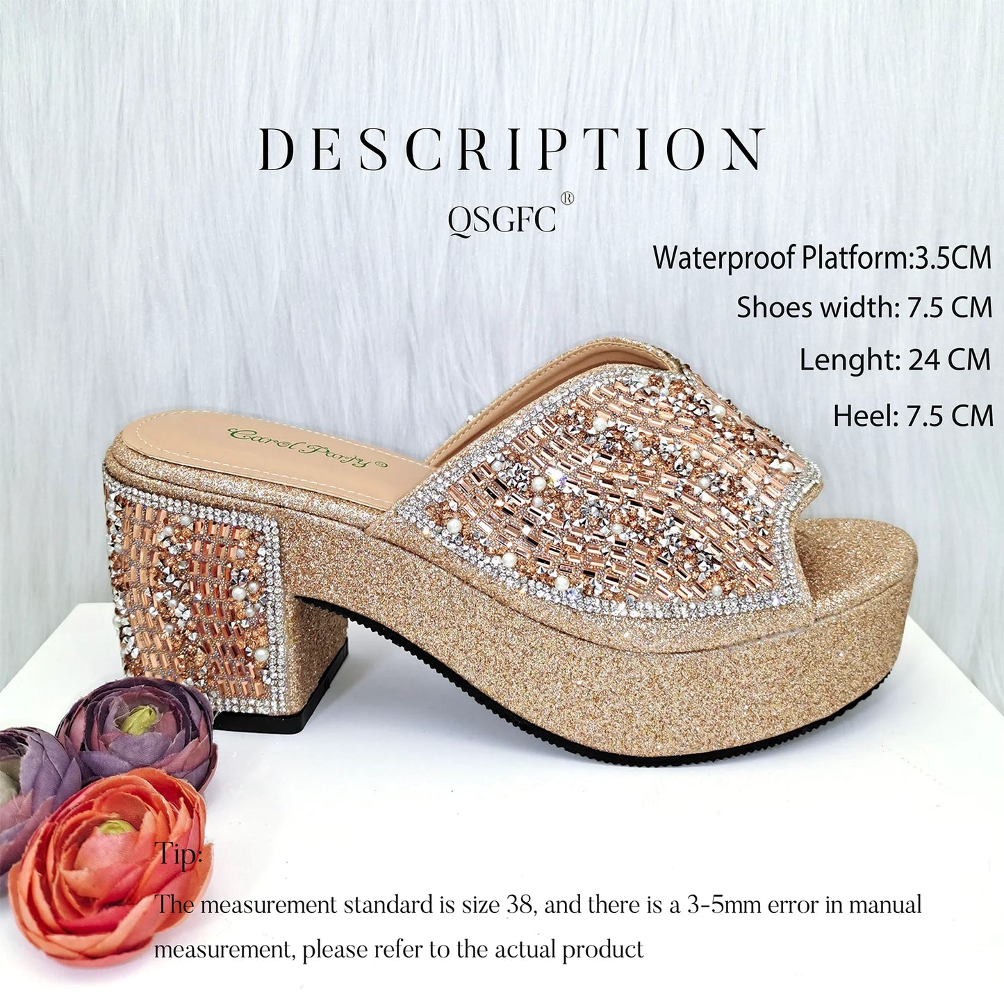 QSGFC Nigerian Peach High Heels Paired With Square Bag Rhinestone Studded Sequin Women's Sandals Are Suitable For Daily Parties