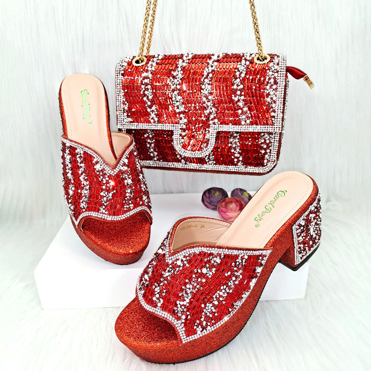 QSGFC Nigerian Peach High Heels Paired With Square Bag Rhinestone Studded Sequin Women's Sandals Are Suitable For Daily Parties