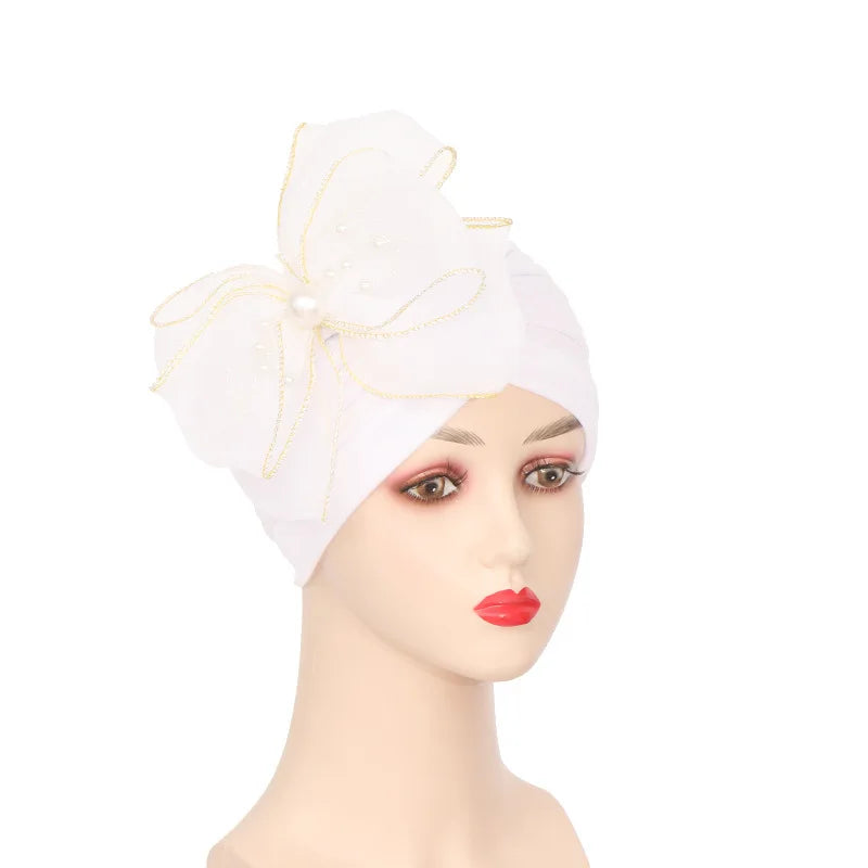 Big Flower Muslim Women Indain Hat Scarf Caps Chemo Turban Islamic Head Cover Party Evening Bonnet Pleated Vintage Elegant Hat