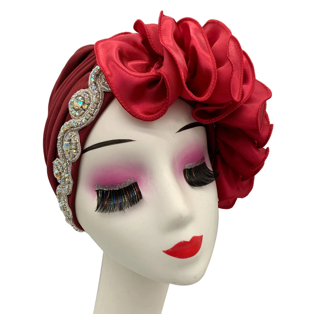2023 Rhinestones Turban Hat with Side Satin Ruffles Women's Wrap Head Beanies Muslim Headscarf Bonnet African autogele Headtie