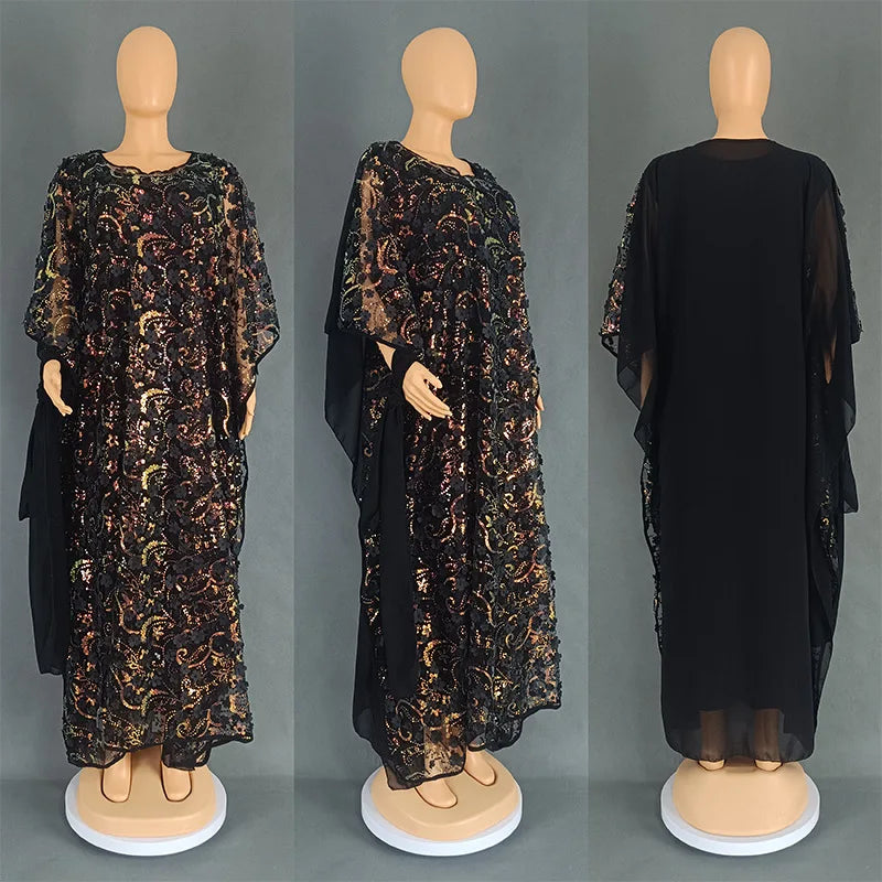3PCS African Dresses for Women Muslim Sequins Flower Abaya Kaftan Moroccan Caftan Dashiki Robe Ankara Traditional Boubou Dress