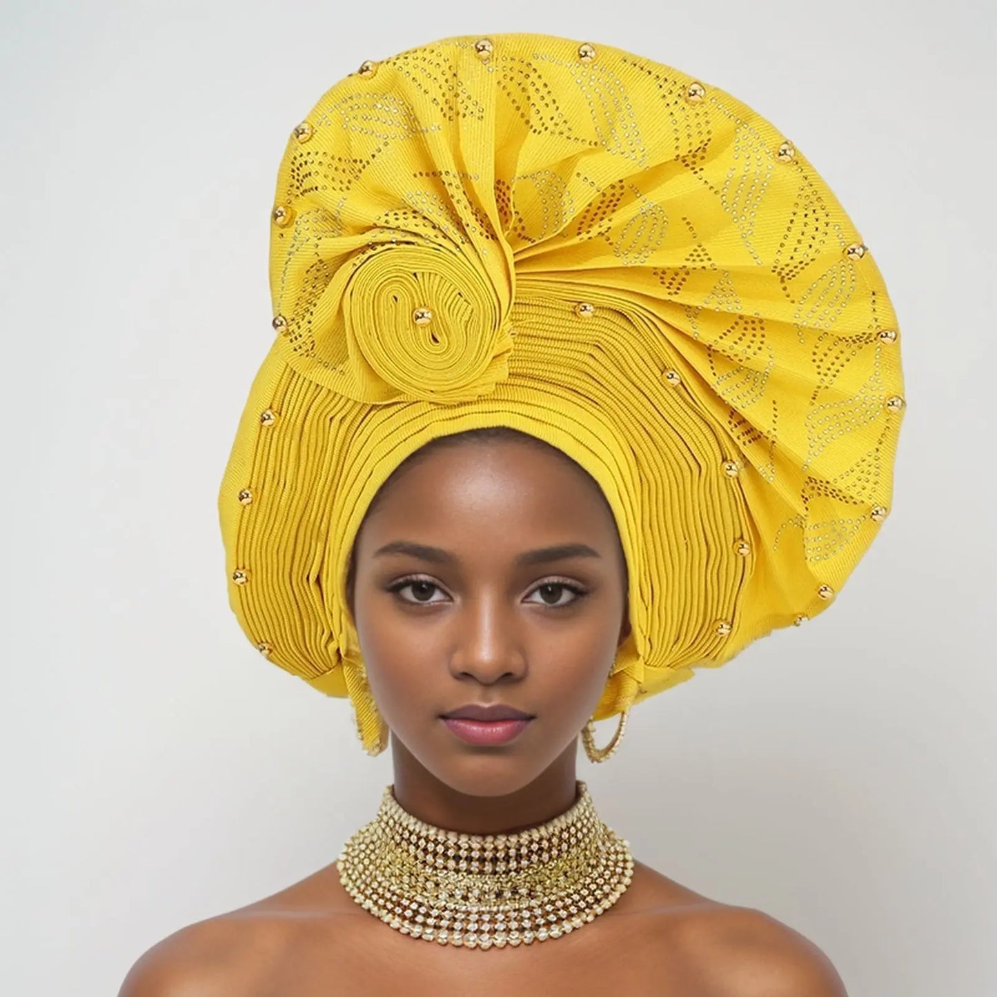 African Auto Gele Headtie Aso Oke Nigeria High Quality Bead Already Made Hijab Bonnet Headband Turban Cap Party Wedding Headgear