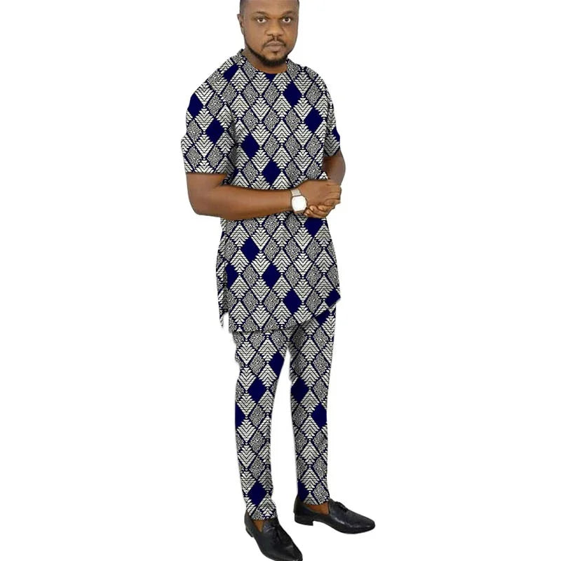 African Fashion Men's Set Outfits Short Sleeve Tops Patch Trousers Nigerian Print Male Pant Suits Party Wear Customized