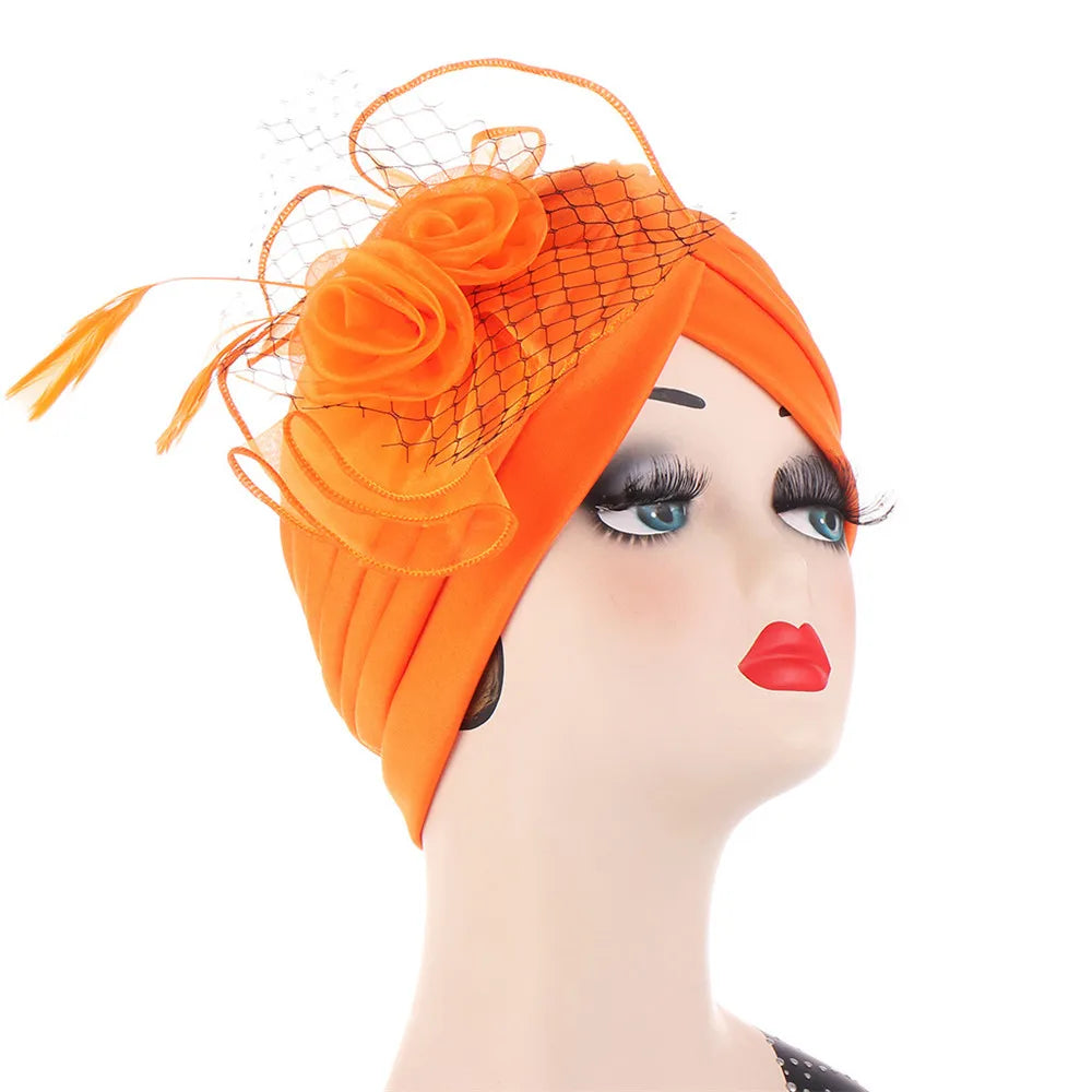 Big Flower Muslim Women Indain Hat Scarf Caps Chemo Turban Islamic Head Cover Party Evening Bonnet Pleated Vintage Elegant Hat