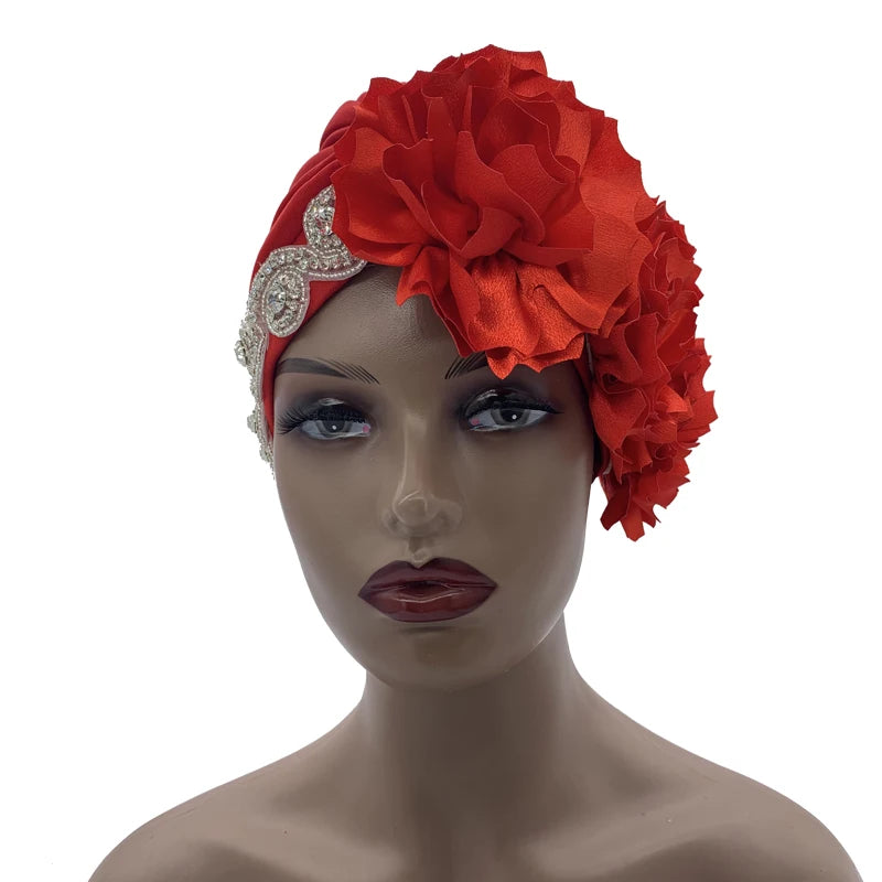 2023 Rhinestones Turban Hat with Side Satin Ruffles Women's Wrap Head Beanies Muslim Headscarf Bonnet African autogele Headtie
