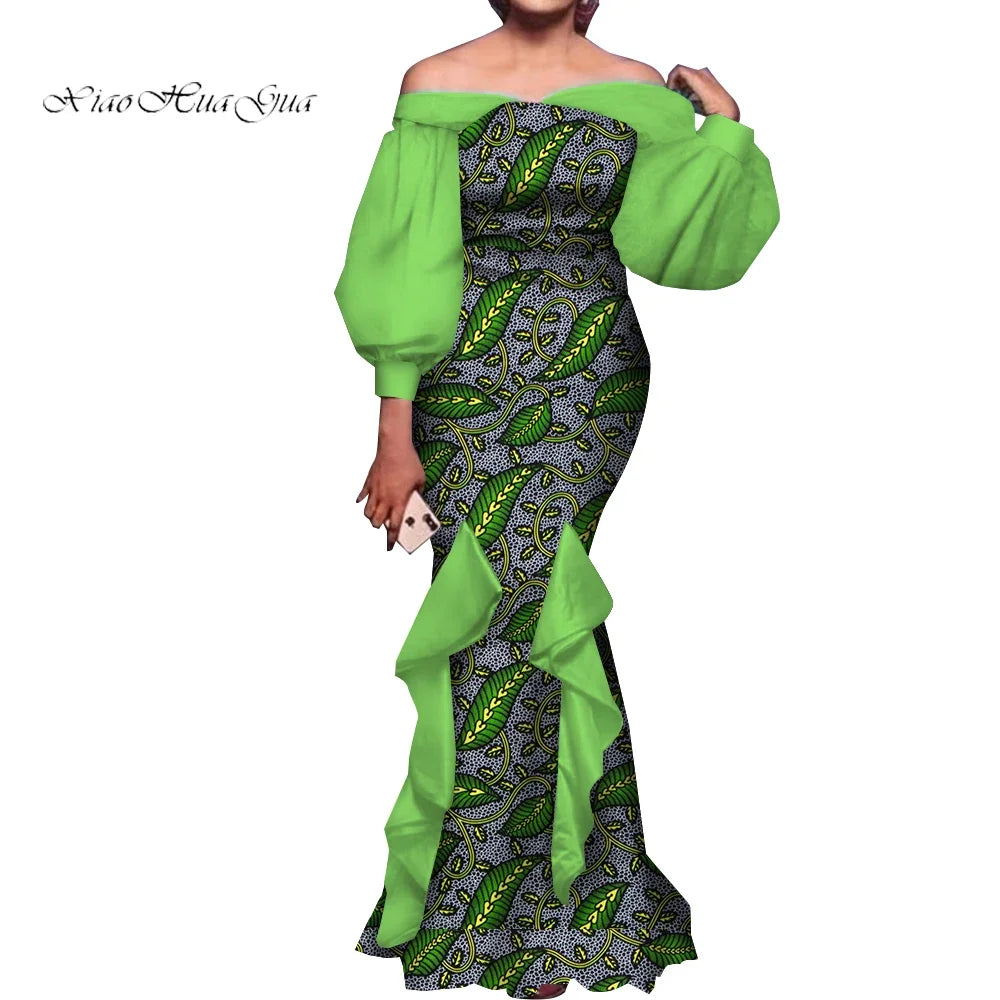 Fashion Women Ankara Dresses Flash Neck Puff Sleeve Long Dress African Dress Robe Africaine Femme Evening Mermaid Dress WY1848