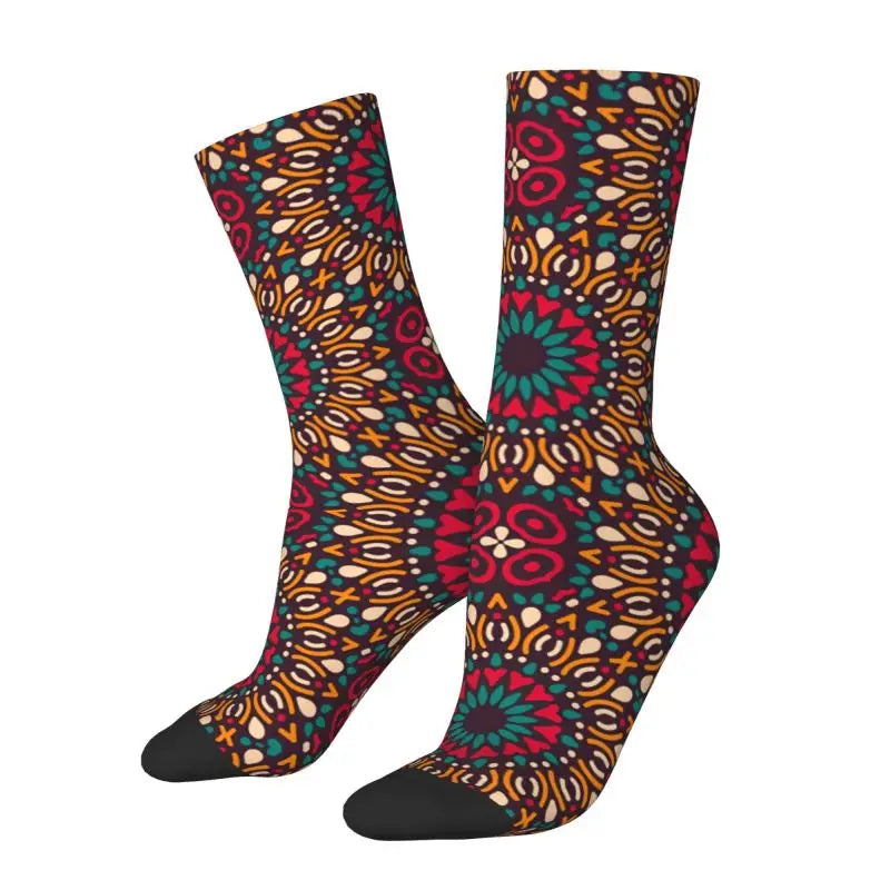 Colorful Ankara Geometric Pattern Socks for Men Women Stretchy Summer Autumn Winter African Ethnic Tribal Art Crew Socks