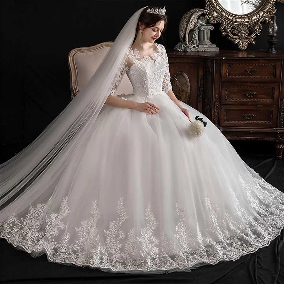 Elegant O-neck Appliques Lace Illusion Ball Gown Wedding Dresses for woman Sweep Train Bridal Gowns Vestidos De Noiva