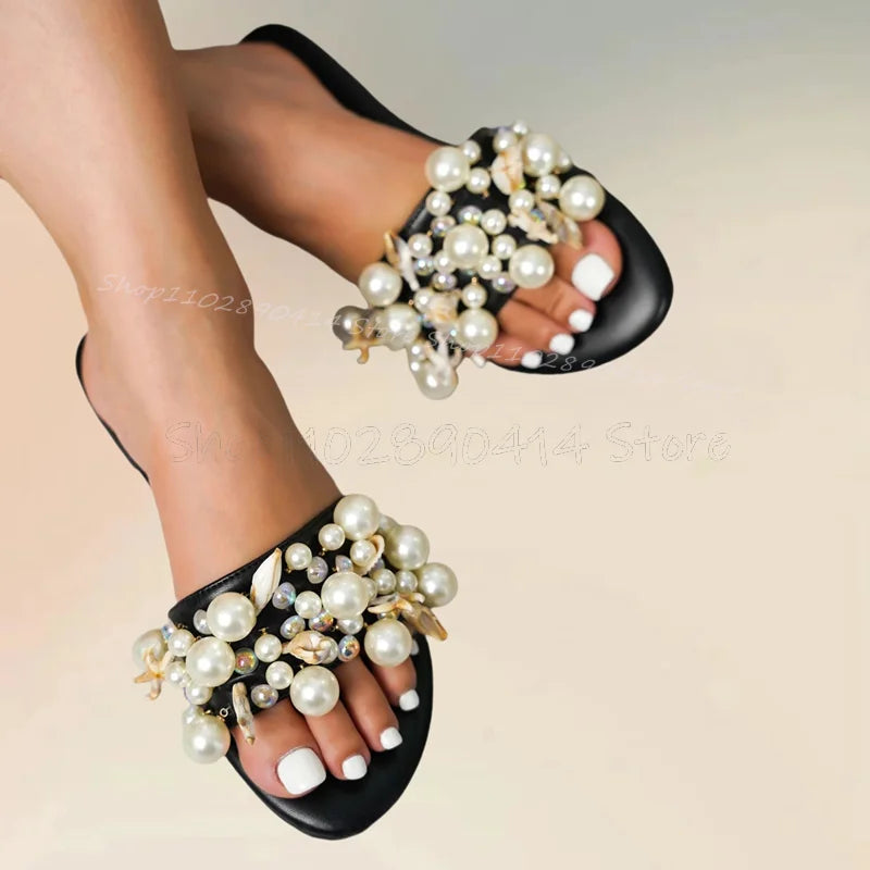 Pearl Decor Black Sole Open Toe Slippers Slip On Women Shoes Low Top Novel Fashion Comfort Party Feast Zapatos Para Mujere