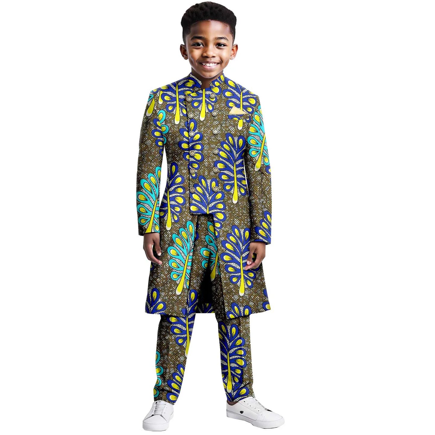 Boys Suits Wedding Tuxedo African Print Ankara Pure Cotton Jacket Pants 2 Piece Set Formal Party Fashion Dress Kids Blazer
