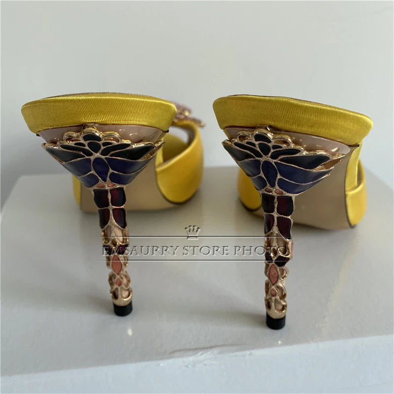 Novelty Petal Decor Stiletto Heel Sandals Women Luxury Satin Open Toe Slingbacks Colorful Rhinestone Flower Party Shoes Summer