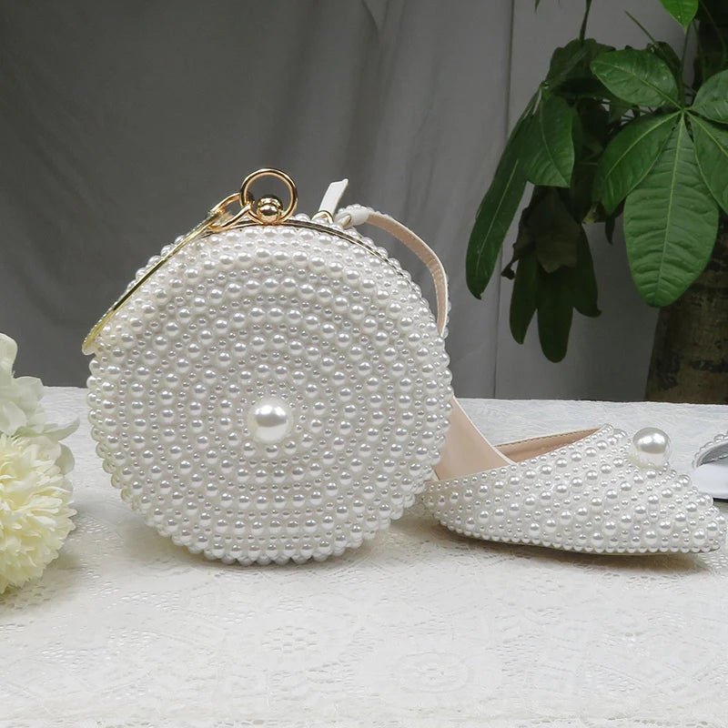 BaoYaFang White Pearl women wedding shoes And Bags Bride High heels shoes ladies party dress shoes woman Sweet Fashion Pumps