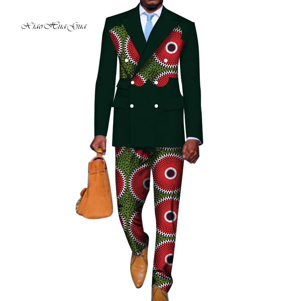 2 Pieces set Blazer and Pants Mens African Clothing Ankara Clothes Bazin Riche African Wax Print Top Suits and Pants Sets WYN740