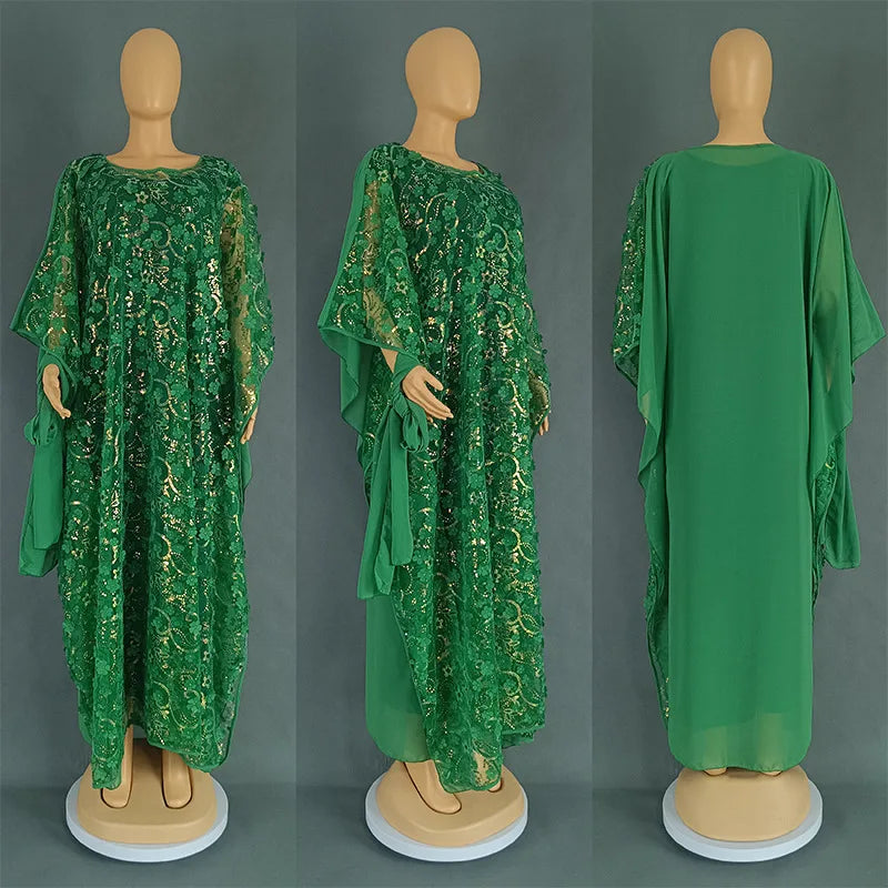 3PCS African Dresses for Women Muslim Sequins Flower Abaya Kaftan Moroccan Caftan Dashiki Robe Ankara Traditional Boubou Dress
