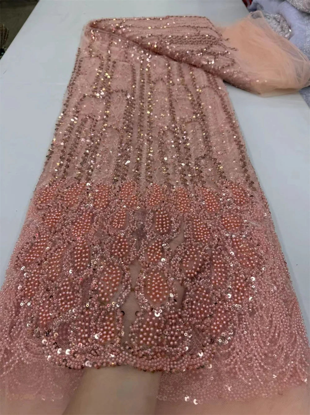 Luxurious Peach Nigerian Handmade Beaded French Lace High Quality Sequins Embroidery African Net Lace Fabric Dress Wp658-1