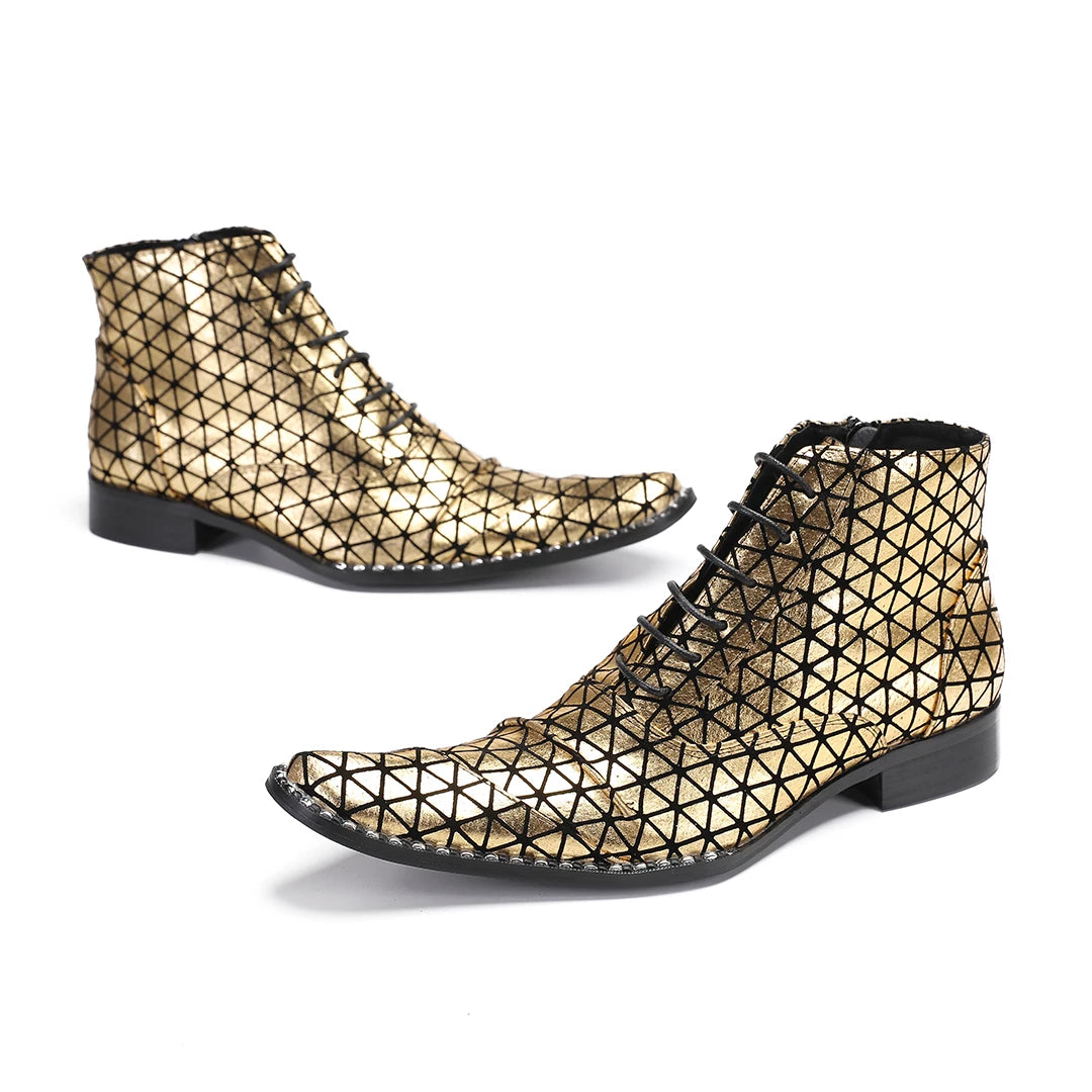 Luxury Gold Lace Up Men Short Boot Fashion Wedding Party Prom Ankle Boots Male Plus Size Nightcliub Business Ball Formal Shoes