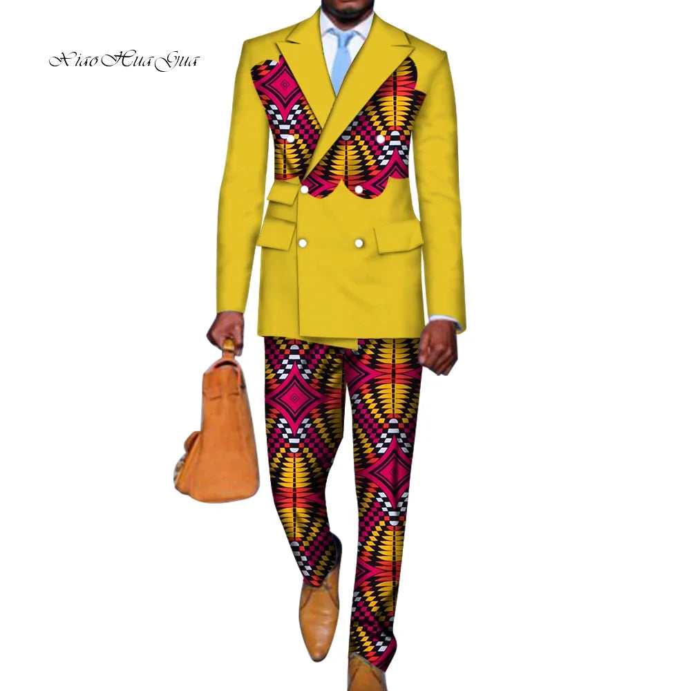 2 Pieces set Blazer and Pants Mens African Clothing Ankara Clothes Bazin Riche African Wax Print Top Suits and Pants Sets WYN740