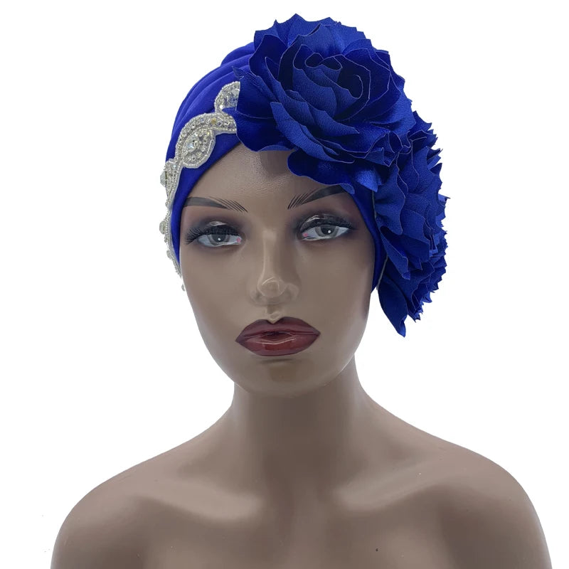2023 Rhinestones Turban Hat with Side Satin Ruffles Women's Wrap Head Beanies Muslim Headscarf Bonnet African autogele Headtie