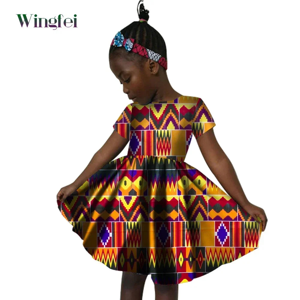 African Clothes for Children Ankara Print Kids Dashiki Dresss Short Sleeve Girl Dresses Casual Kid Attire Cotton WYT60