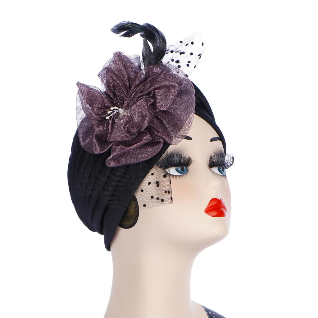 Big Flower Muslim Women Indain Hat Scarf Caps Chemo Turban Islamic Head Cover Party Evening Bonnet Pleated Vintage Elegant Hat