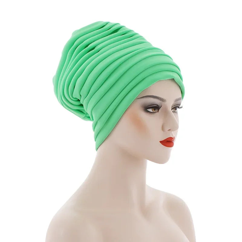 New Candy Color Head Wraps Muslim Hijab Bonnets Fashion Headwear Pleated Turban Cap for Women African Auto Geles Aso Oke Headtie
