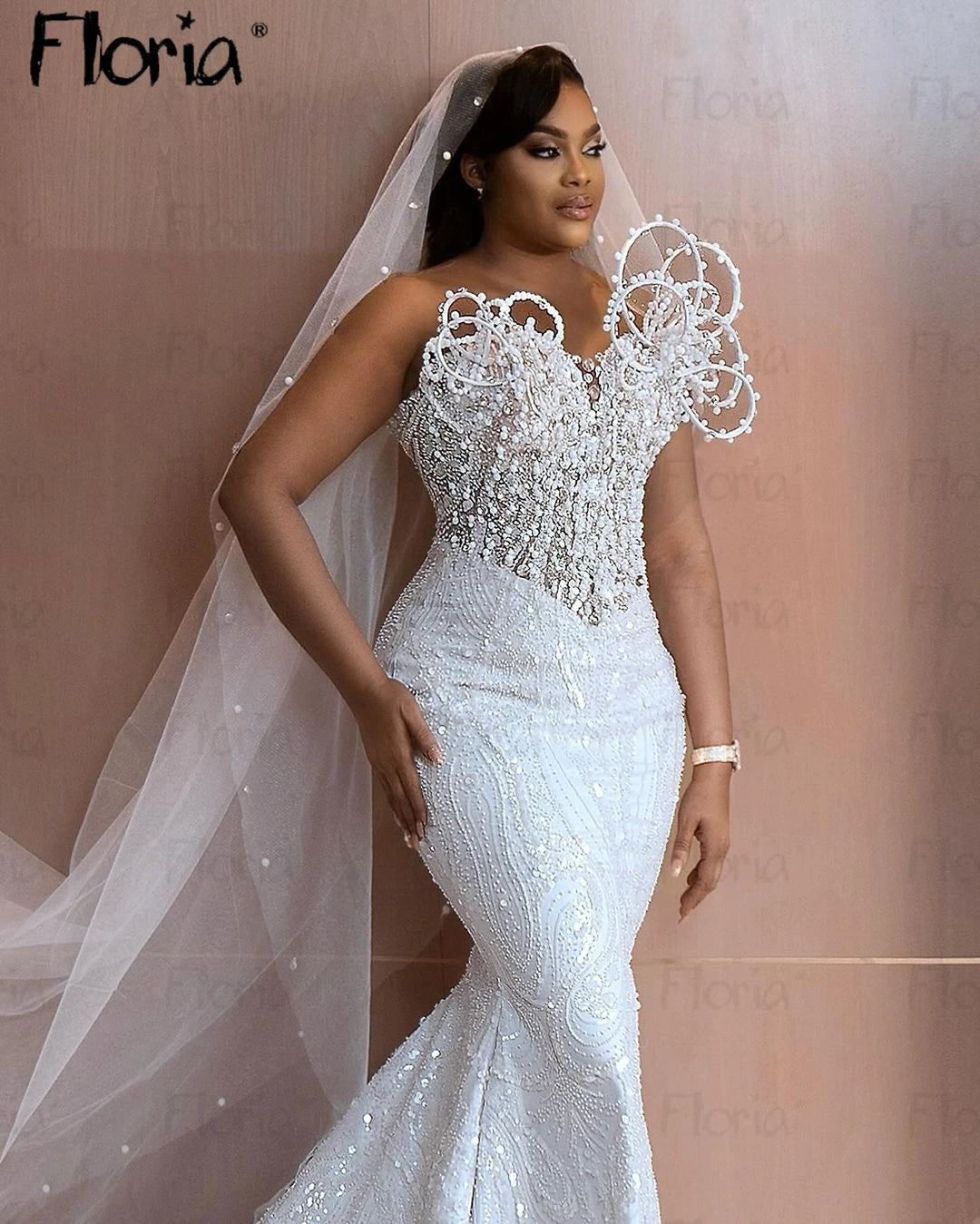 Modern White Mermaid Bridal Gowns Fashion Pearls Wedding Dress Long Train Bridal Dress Luxury Dubai Wedding Gowsn Customize