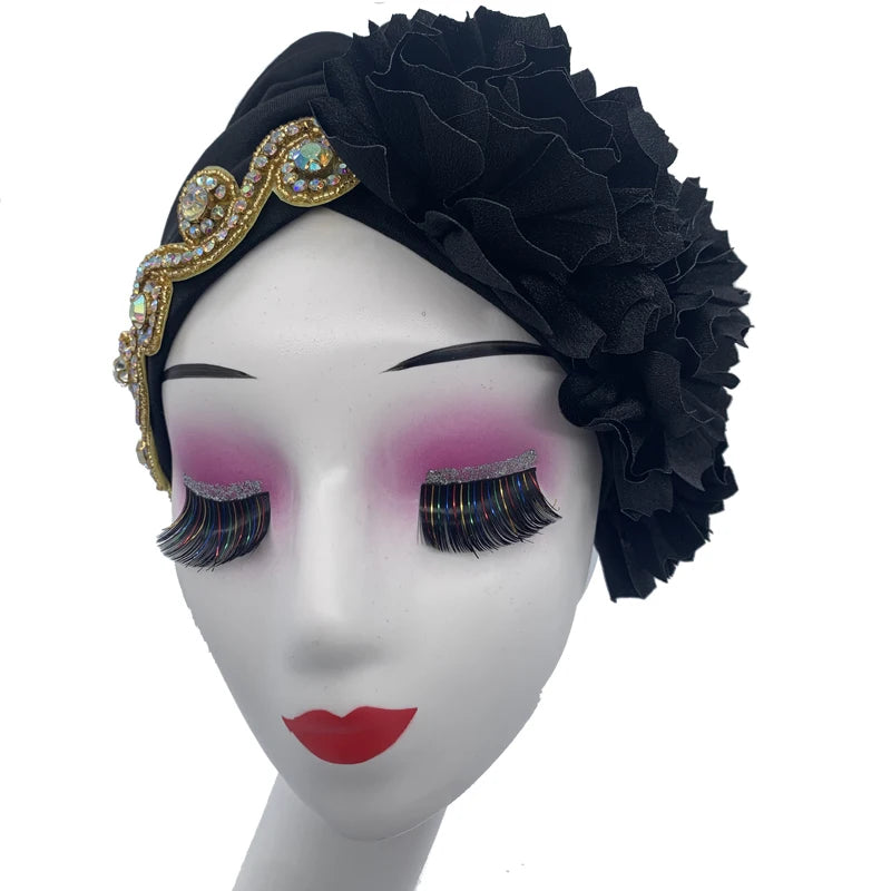 2023 Rhinestones Turban Hat with Side Satin Ruffles Women's Wrap Head Beanies Muslim Headscarf Bonnet African autogele Headtie