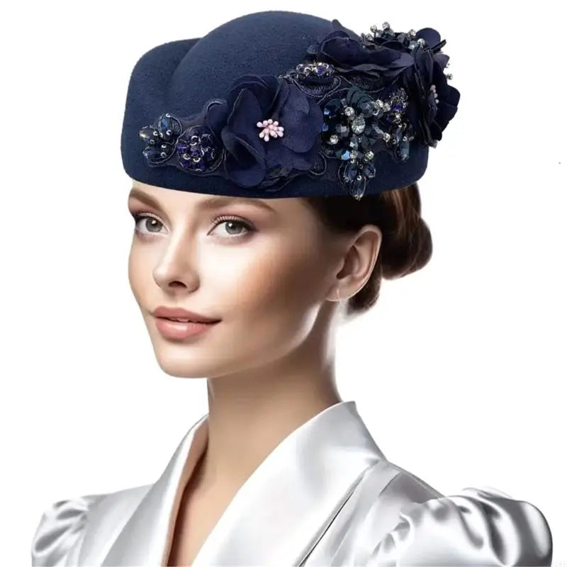 R1WE Women Church Baptism Hat Wool Hat for Horseracing Roleplay Bolwer Hat Formal Occasion Cosplay Costume Hat
