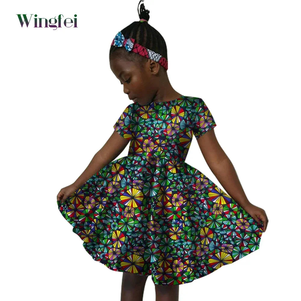 African Clothes for Children Ankara Print Kids Dashiki Dresss Short Sleeve Girl Dresses Casual Kid Attire Cotton WYT60