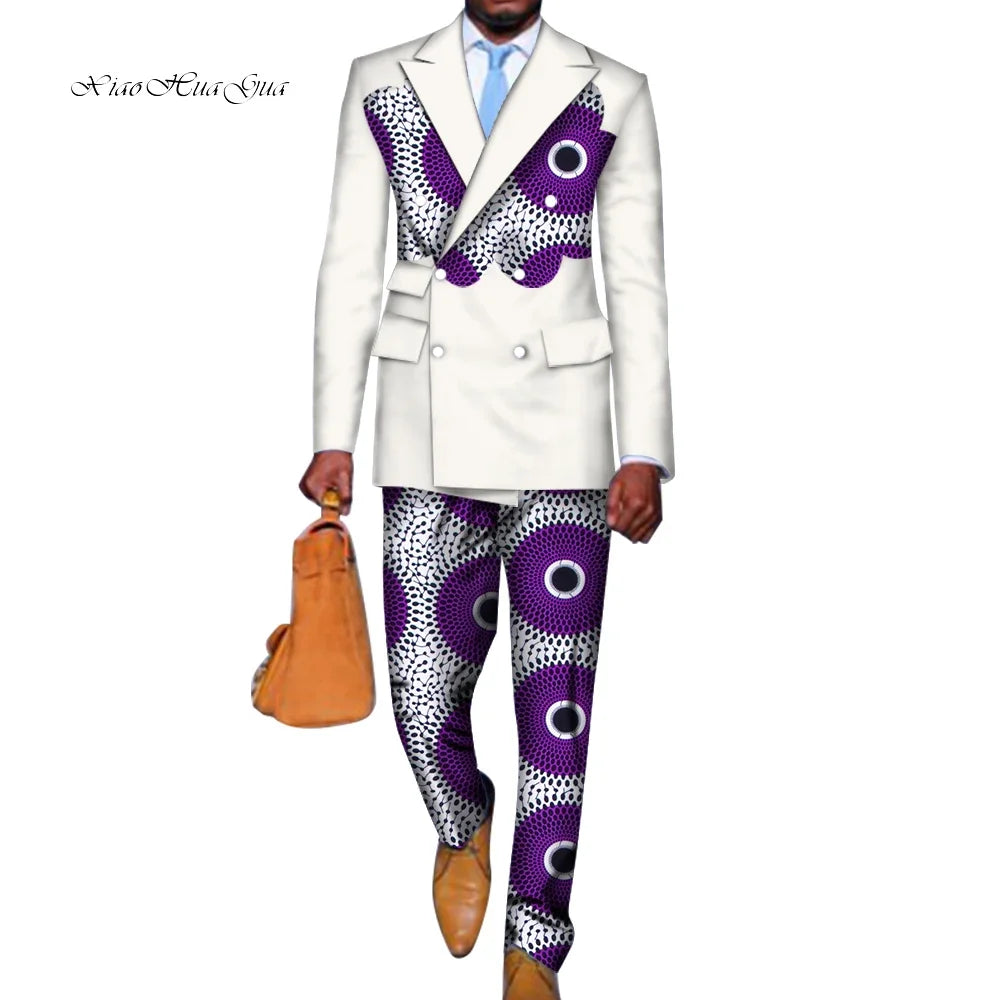 2 Pieces set Blazer and Pants Mens African Clothing Ankara Clothes Bazin Riche African Wax Print Top Suits and Pants Sets WYN740